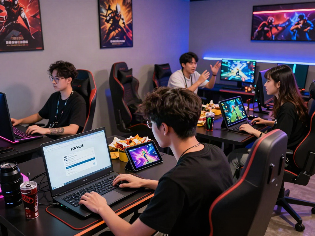 Players engaging with rokok88 login in a vibrant gaming lounge, showcasing competitive gaming culture.