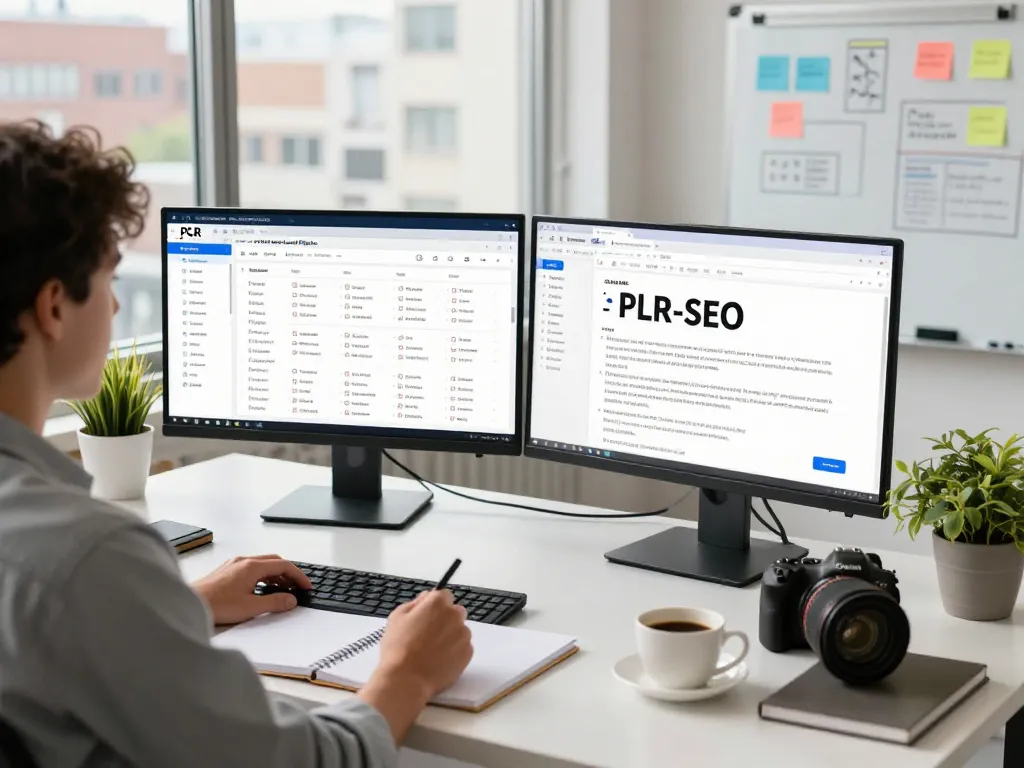 Purchase PLR Content in a dynamic digital marketing workspace with professional tools and creative elements.