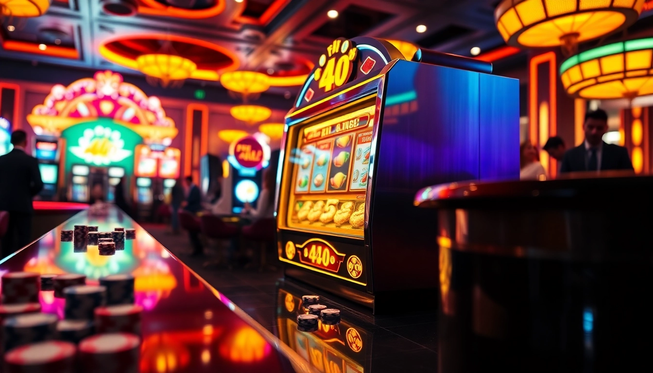 Players enjoy the excitement of winning at the pen 4d slot machine in a glamorous casino.