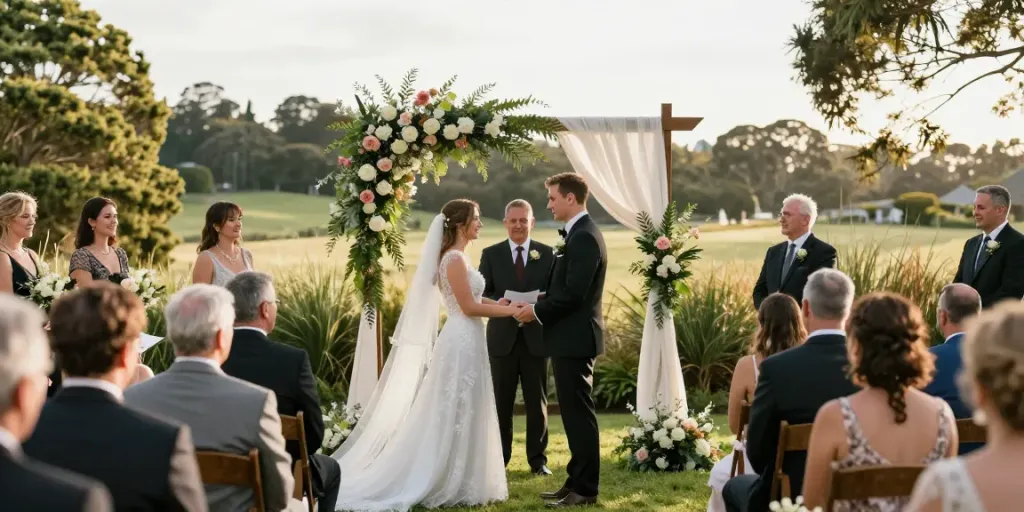 Dunedin wedding photographer capturing a couple's emotional ceremony under a floral arch.