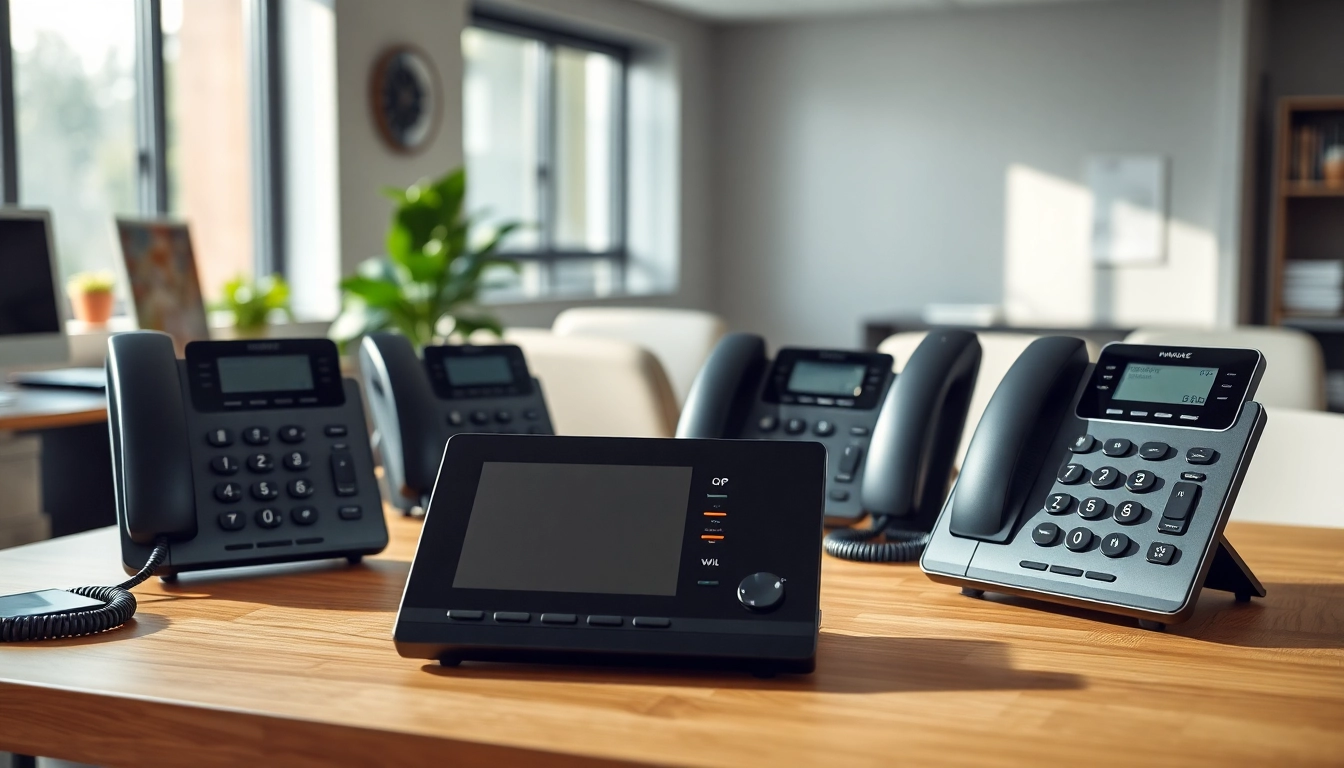 Showcasing innovative business phone systems arranged on a modern office desk.