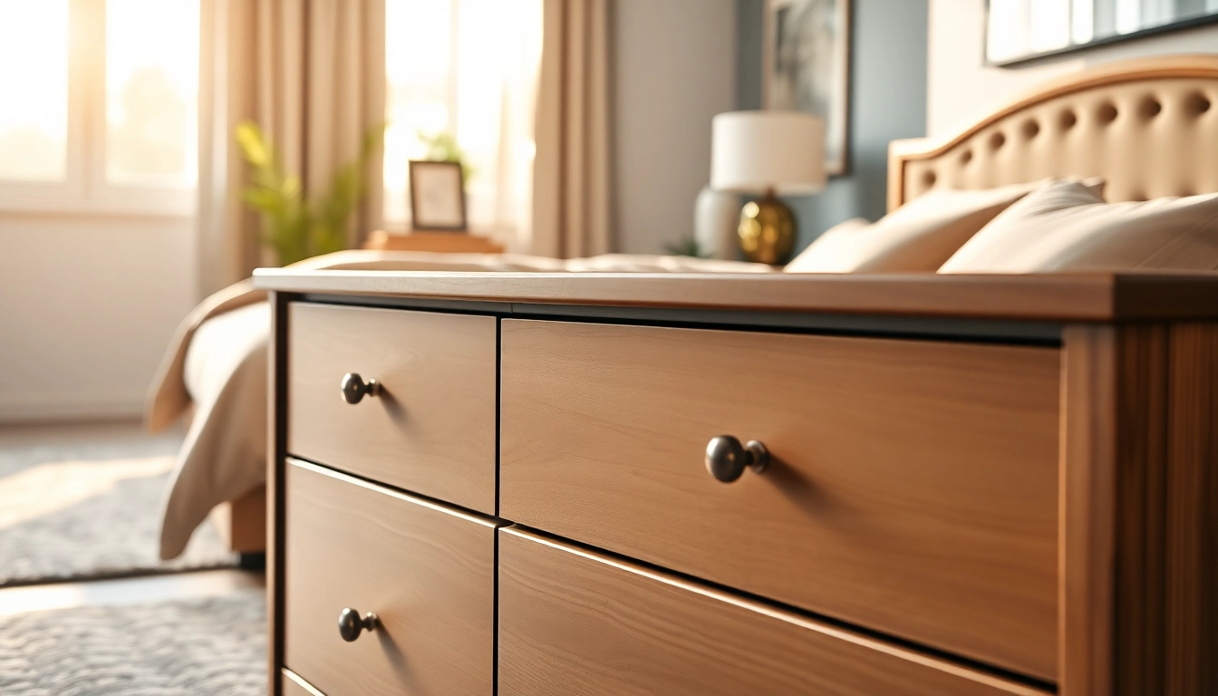 Showcase chest of drawers in a welcoming bedroom, showcasing elegant design and natural materials.