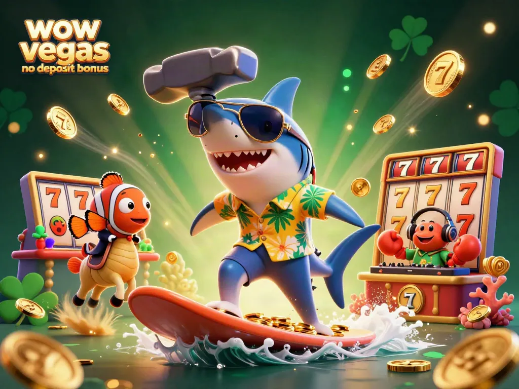 Join the fun with the wow vegas no deposit bonus in this vibrant 3D casino scene featuring cartoon characters and slot elements.