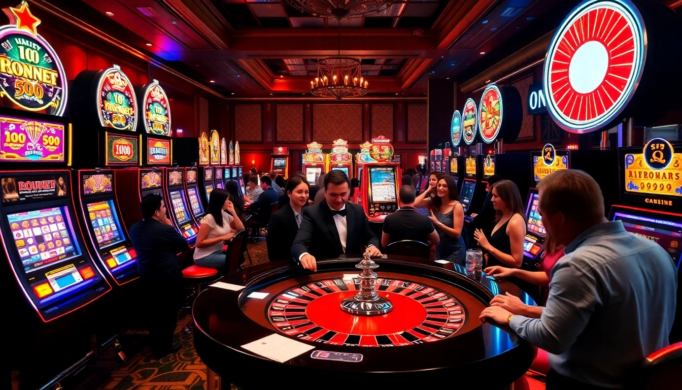 Exciting slot community scene featuring vibrant slot machines and a professional dealer.