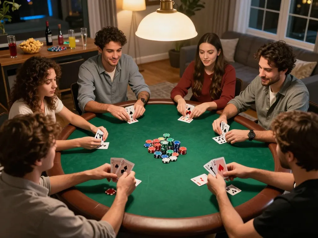 Pemain menikmati permainan daftar poker online yang meriah dengan chip dan kartu berwarna-warni di pertemuan santai di rumah.