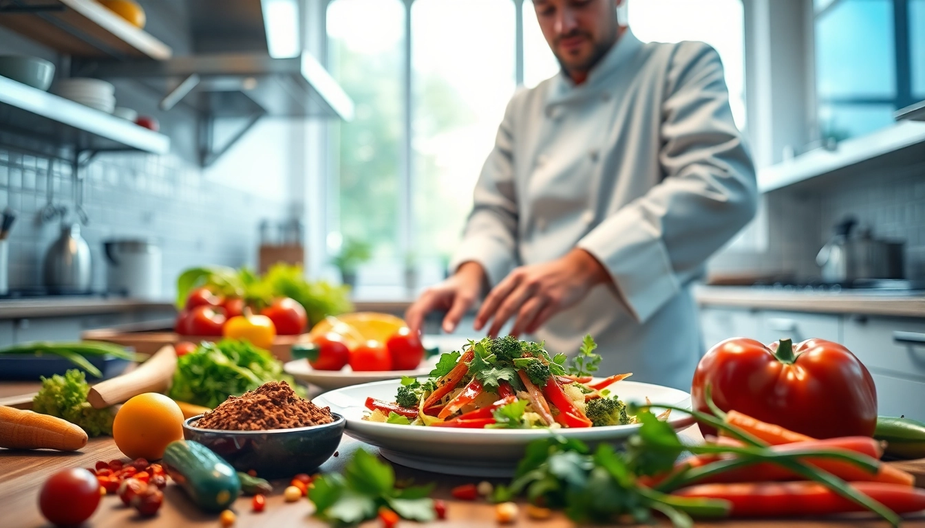 Learn dish facts while a chef skillfully prepares a colorful meal in a bright kitchen.