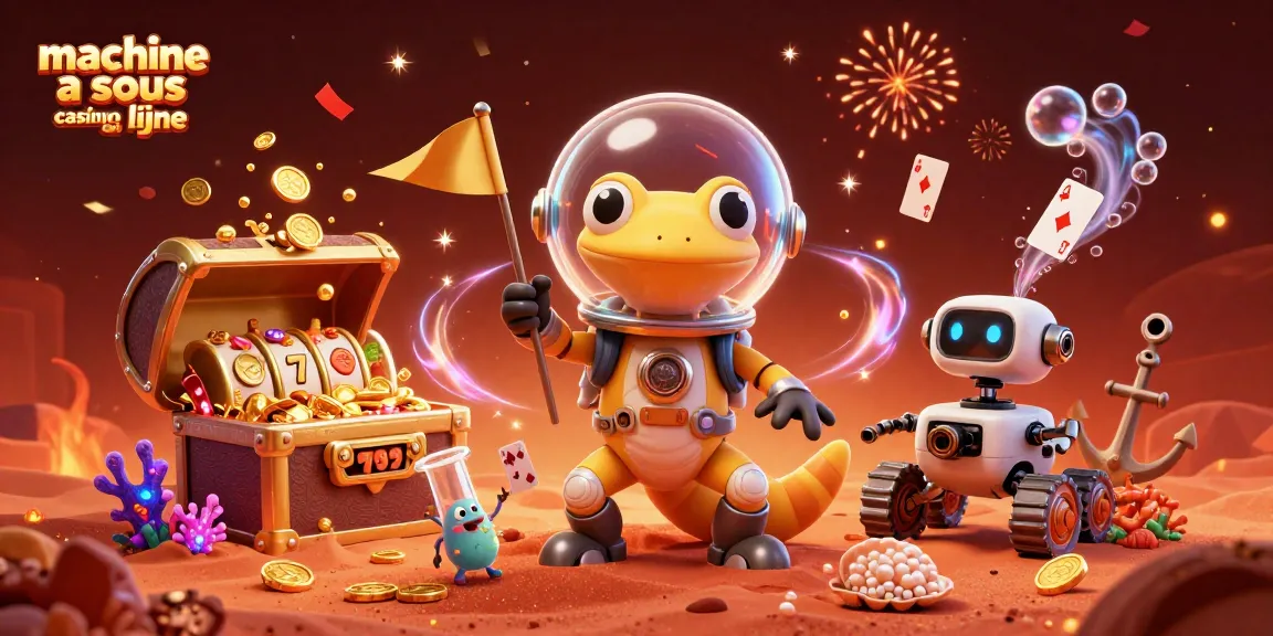Jouez aux machines à sous casino en ligne avec le gécko martien dans une scène colorée et festive.