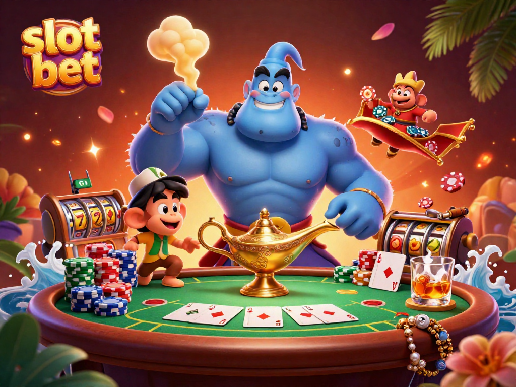 Jelajahi slot bet sambil bermain dengan karakter genie berwarna biru dan berbagai simbol permainan menarik.