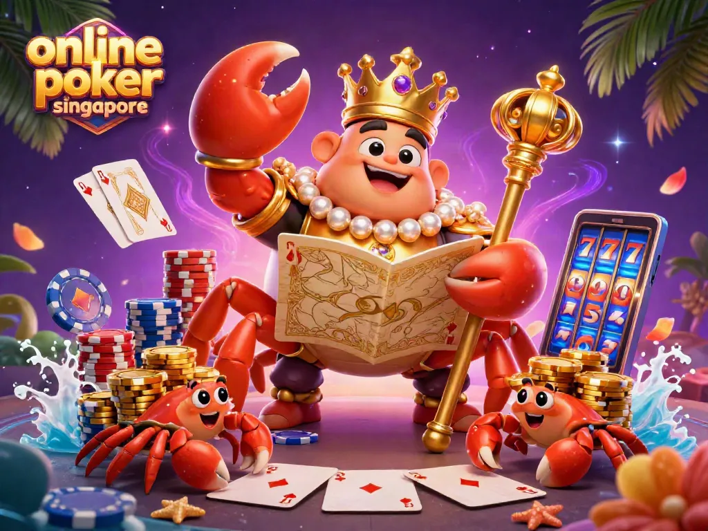 Engage in online poker Singapore with vibrant characters amidst colorful chips and dazzling casino elements.