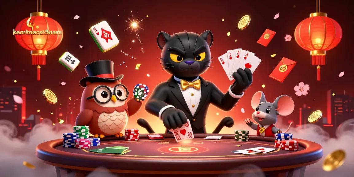 Engage with keonhacai5nam while a stylish black panther deals cards amid vibrant casino elements.