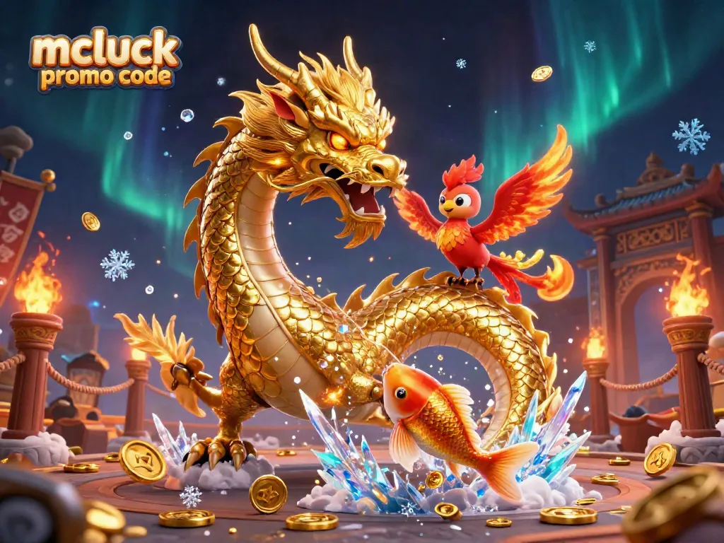 Engage with the mcluck promo code while enjoying a vibrant 3D casino scene with a dragon and phoenix.