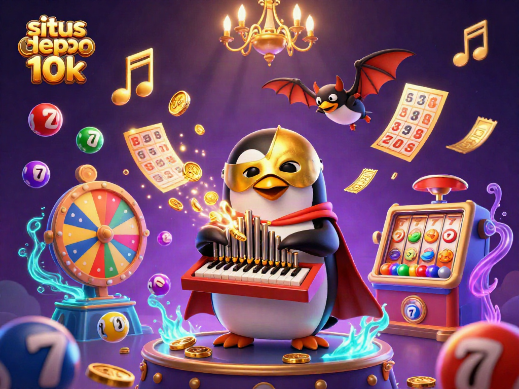 Engage in situs depo 10k with a vibrant, action-packed 3D casino illustration featuring lottery balls and golden coins.