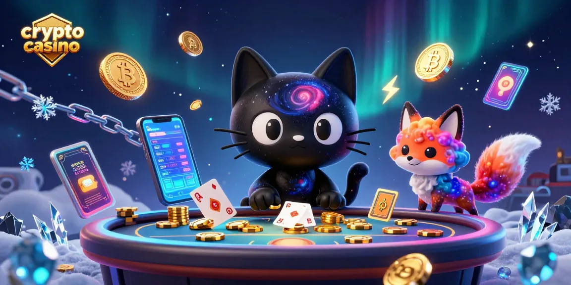 Gioca in un emozionante crypto casino, con un gatto nero che attira chips d'oro e carte.