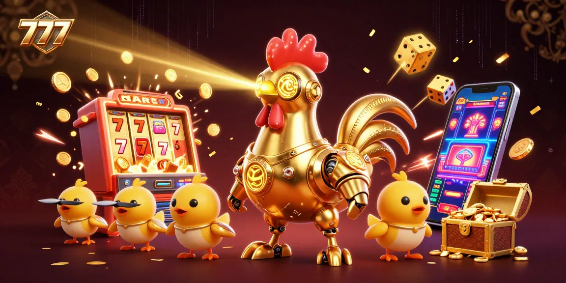 Experience the thrill of winning at 777 slots with a golden rooster robot and adorable drones!