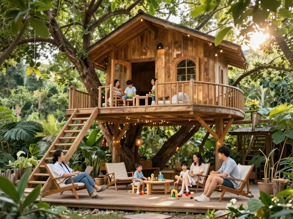 Tree house life: family enjoying their time in a beautifully designed tree house surrounded by nature.
