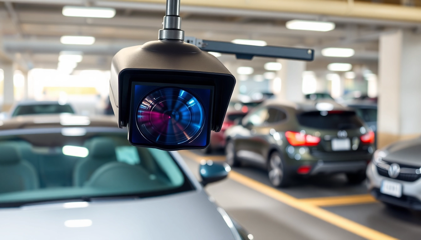 Capture of a license plate recognition camera monitoring vehicles in a parking lot.