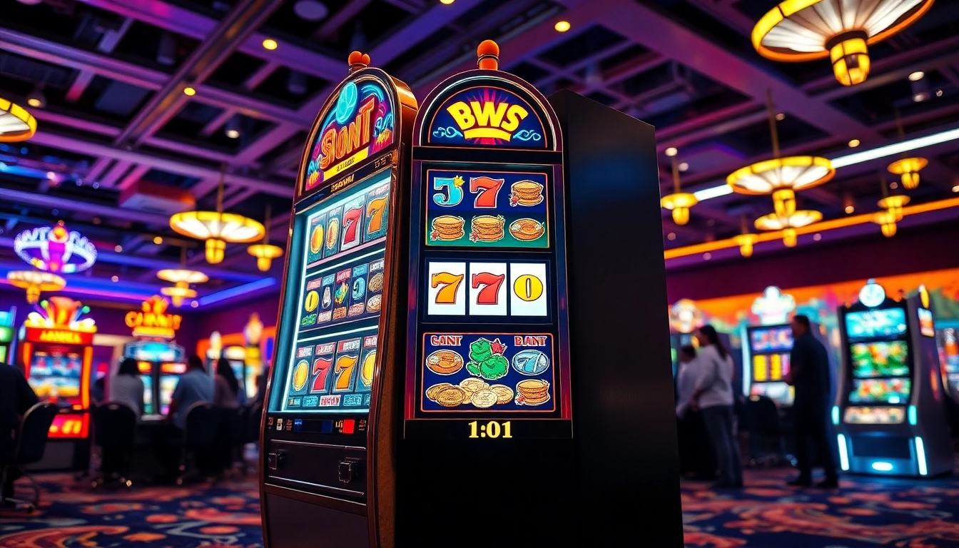 Slot77 mesin permainan yang berkilau di kasino yang ramai, menawarkan pengalaman mendebarkan.
