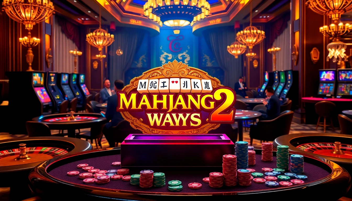 Spin the reels on Mahjong Ways 2 amidst an elegant casino atmosphere full of vibrant gaming action.