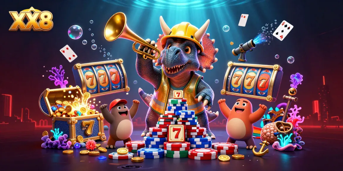 Experience the excitement of XX8 casino gaming with vibrant characters and slot reels.