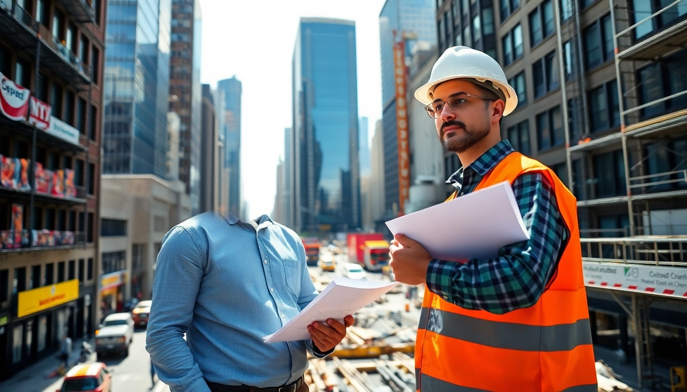 New York City General Contractor evaluating a bustling construction site in an urban setting.