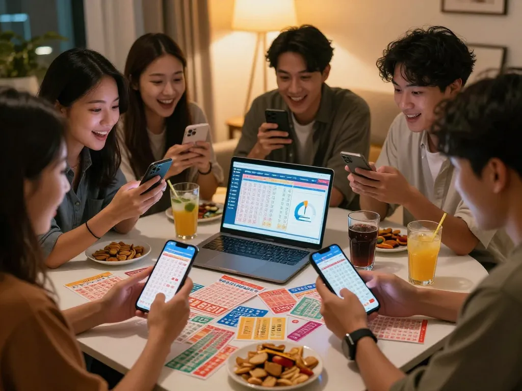 Friends engaged in a lively lottery watch party, reviewing Data HK results with excitement in a warm, inviting setting.