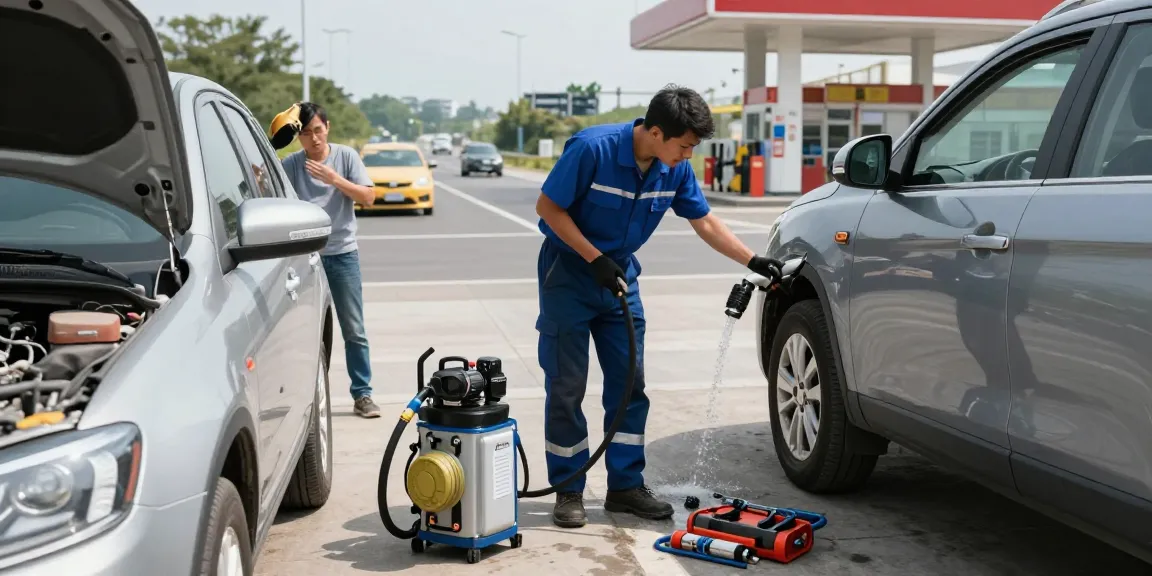 Roadside technician draining Adblue from diesel car, showcasing professional fuel maintenance service.