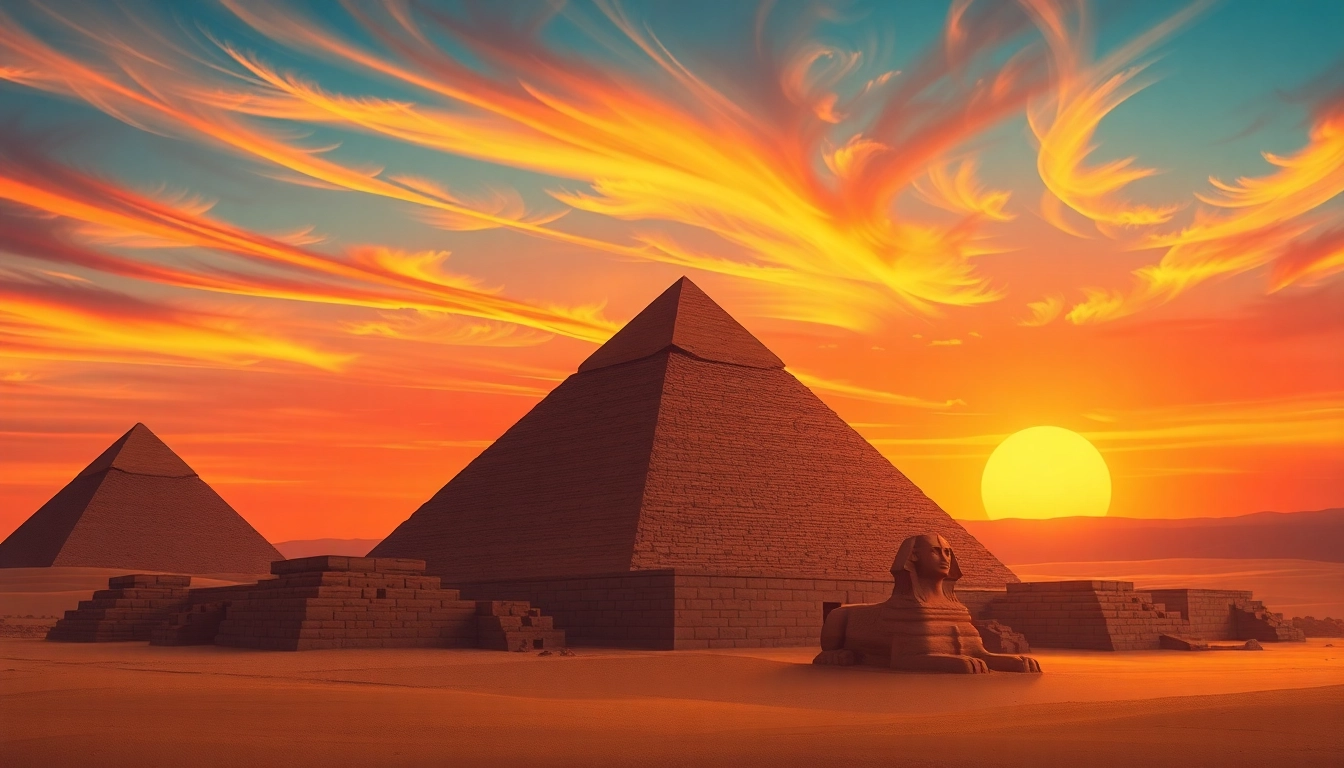 Explore the magnificent piraminds of Egypt against a sunset backdrop highlighting their majesty.
