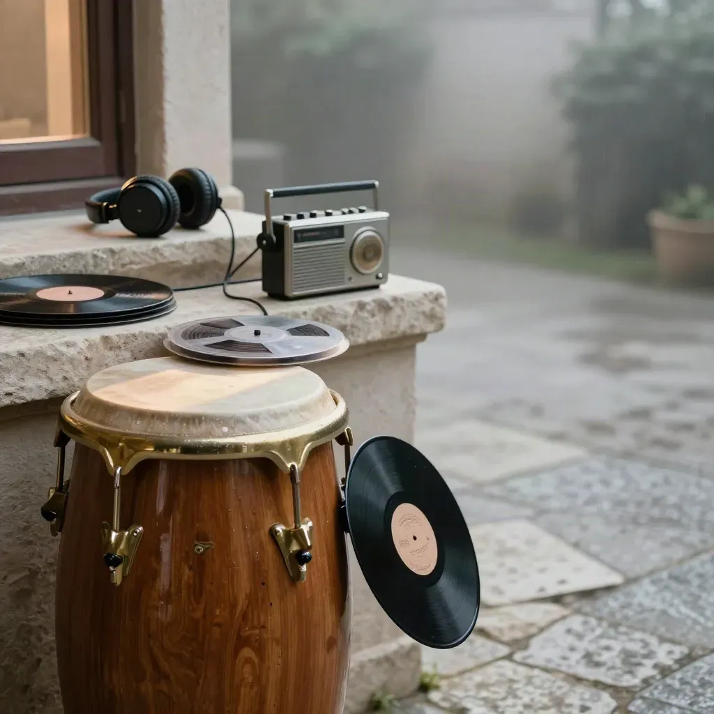 Dawn-lit conga drum, vinyl, tape spool, headphones and radio on pale stone in mist