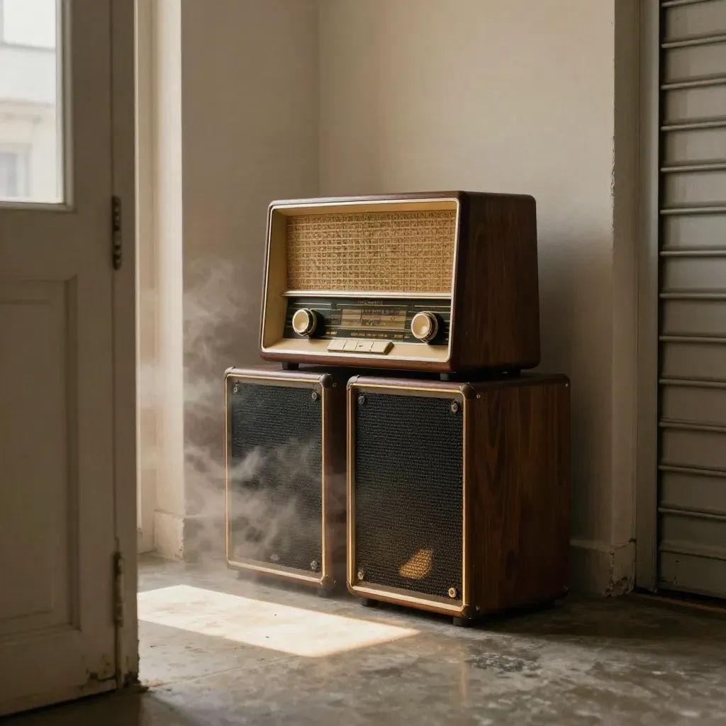 Vintage radio and stacked speakers by a half-open Berlin club shutter in drifting fog.