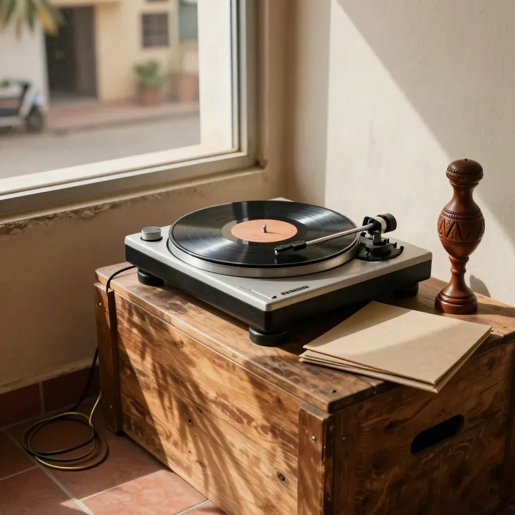 Dusty turntable, shekere and record sleeves in a sunlit Lagos courtyard