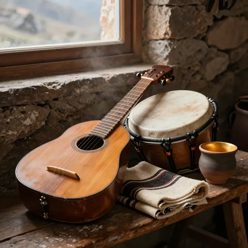 Charango, bombo drum, woven textile, and clay cup on an Andean rehearsal bench in warm late light.