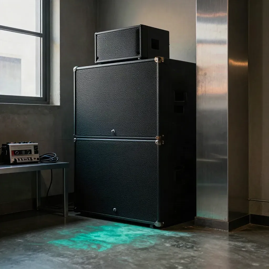 Low floor view of black speaker stacks, cassette deck and steel pillar flashing teal in a Seoul basement.