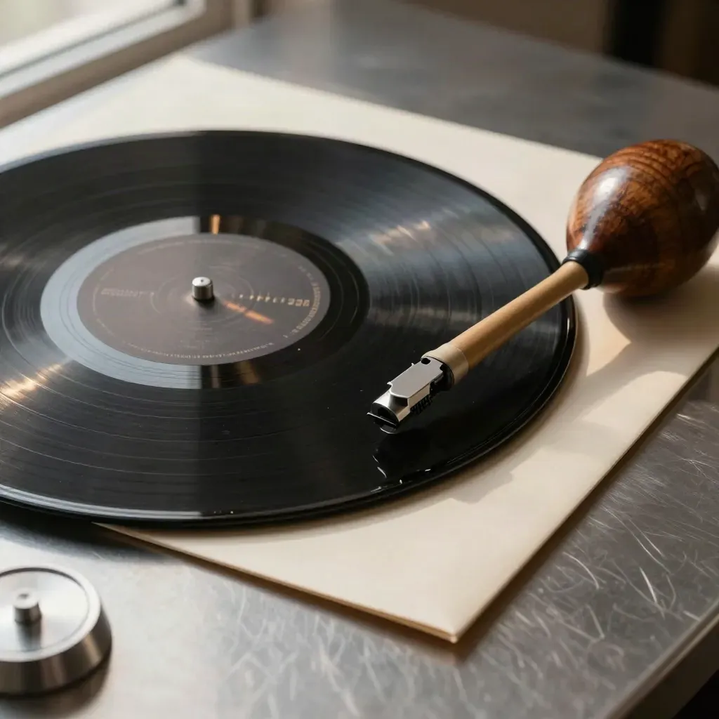 Spinning vinyl, record weight, and maraca on a brushed-steel table