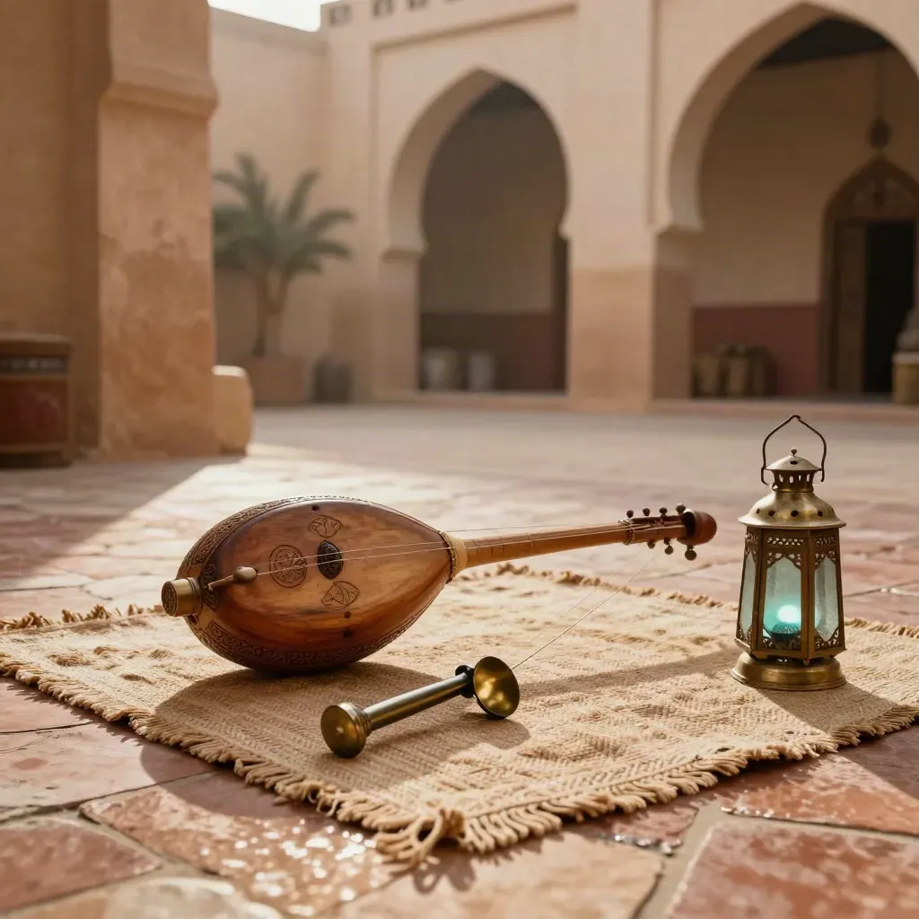 Guembri and qraqeb on a woven mat in a lantern-lit Morocco courtyard