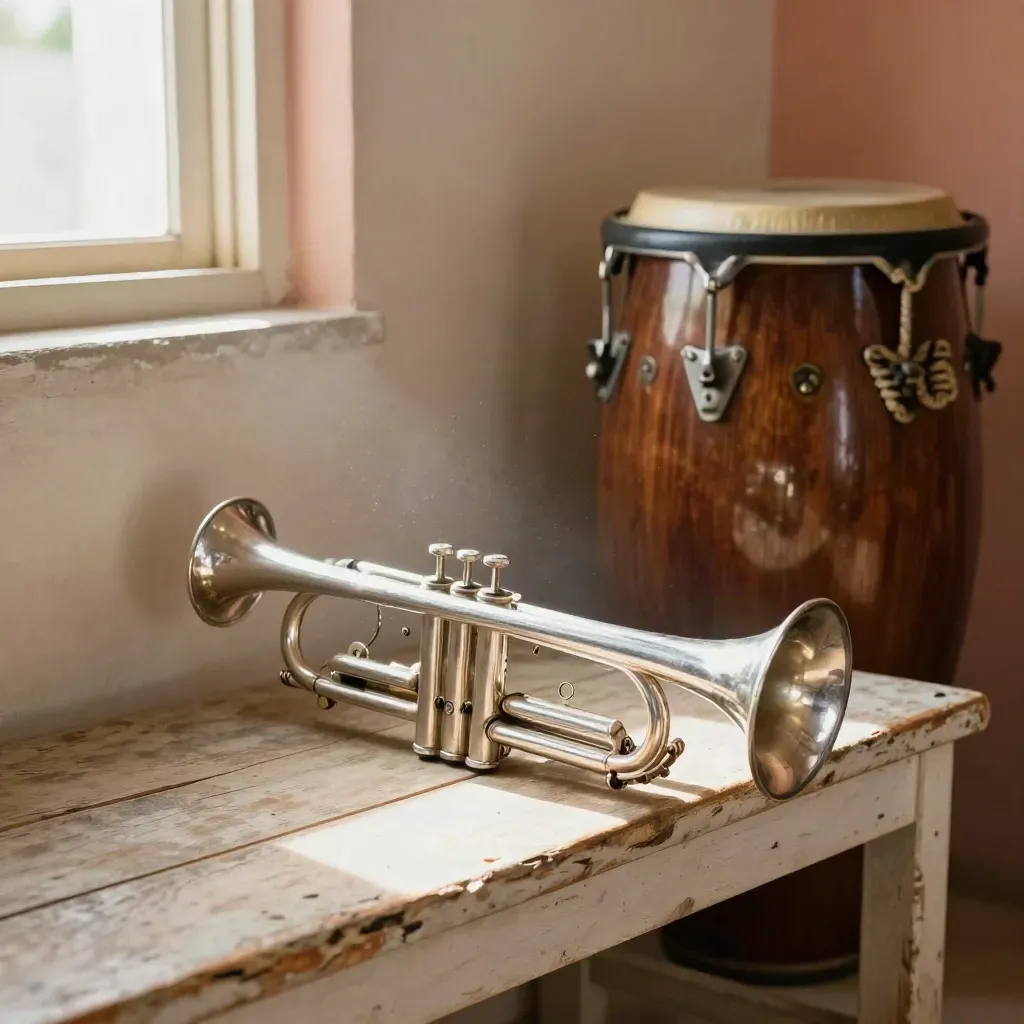 Trumpet and conga on a weathered bench in a sunlit Caribbean rehearsal room.
