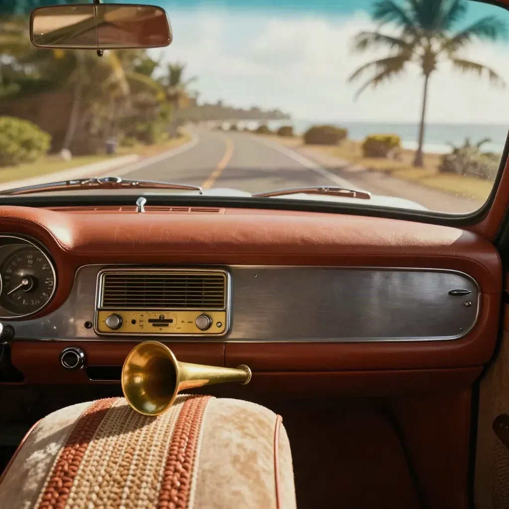 Car dashboard radio and brass horn case on a sunlit Caribbean road drive