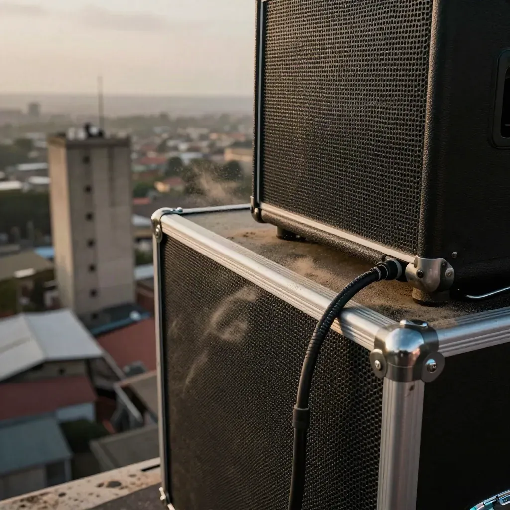 Rooftop PA stack and mixer above Nairobi, with dust and fast clouds over the skyline.