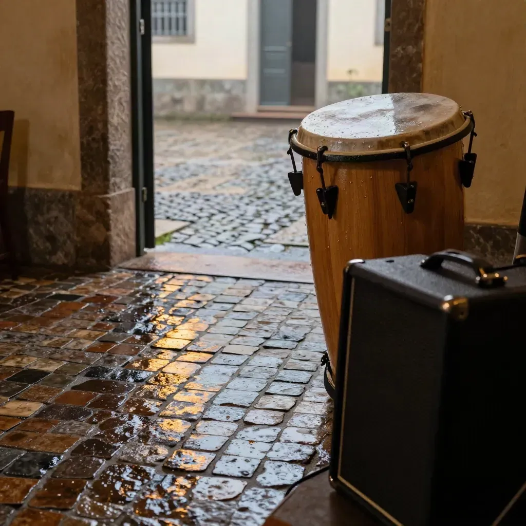 Samba drum and low amp on wet cobblestones in a rainy Rio courtyard, seen behind a stage monitor.