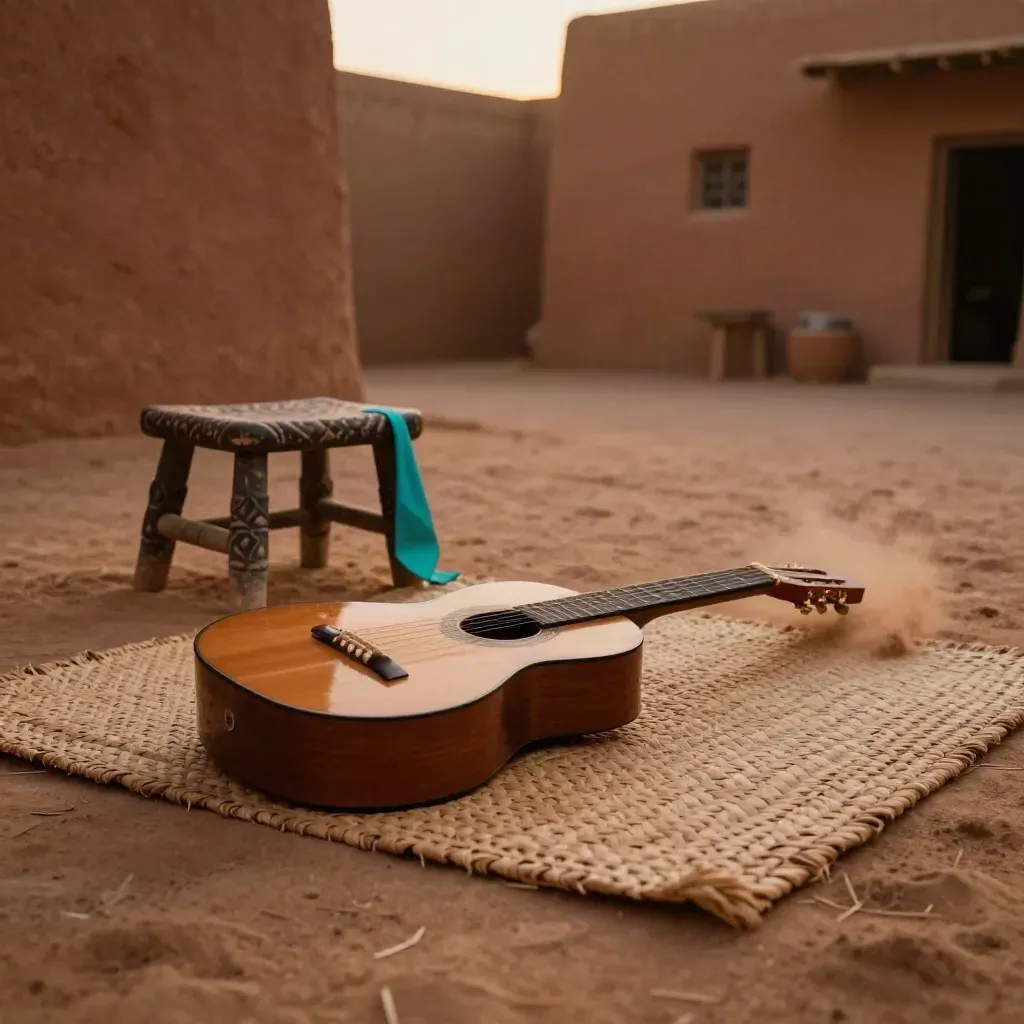 Three-string guitar, woven mat, and low stool in a Mali courtyard at dusk with dust in the light.