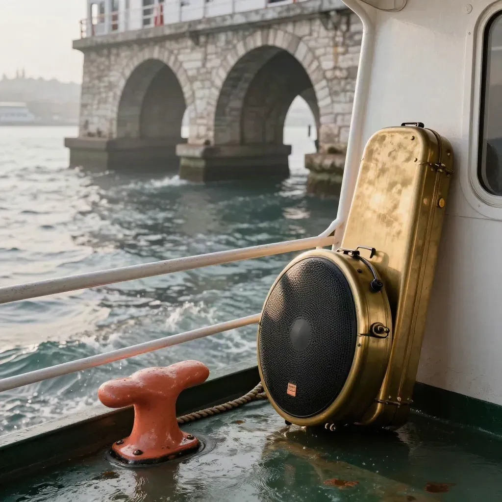 Ferry rail view of speaker, cymbal case, and Istanbul stone arches in sea mist.