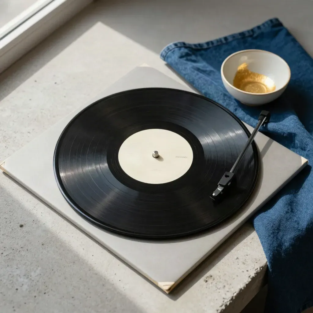 Overhead record flatlay with indigo cloth and ceramic bowl on pale concrete.