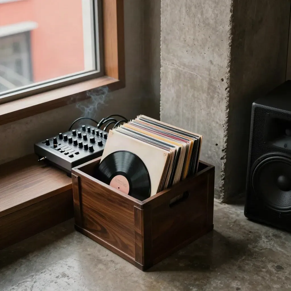 Overhead view of Seoul club gear: vinyl crate, mixer, and speaker beside a concrete pillar.