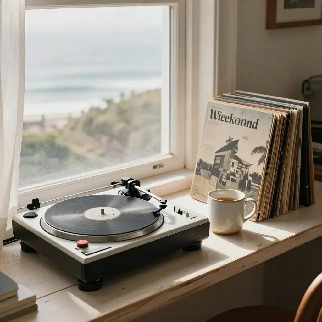 Turntable, ceramic mug, and records on a Cape Town windowsill in warm window light