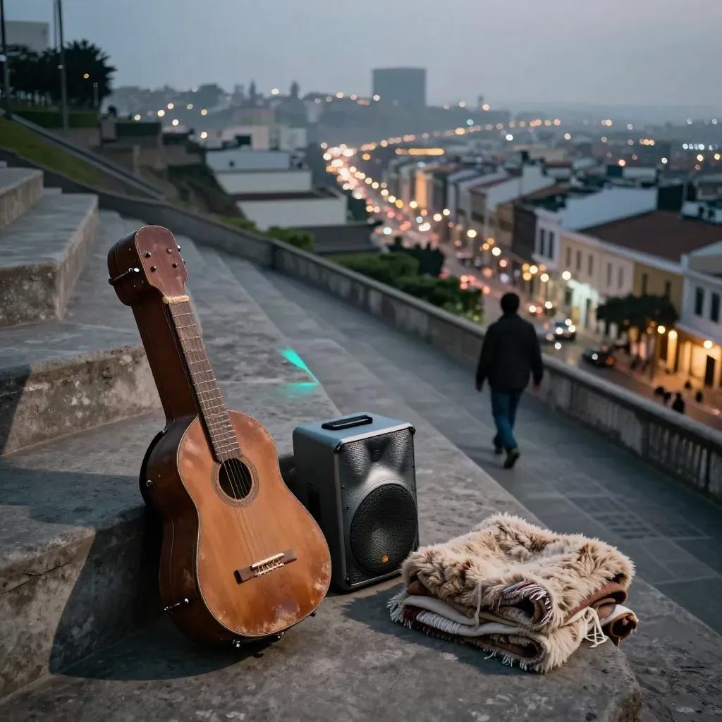 Charango case, speaker, and folded blanket on Lima terrace at dusk