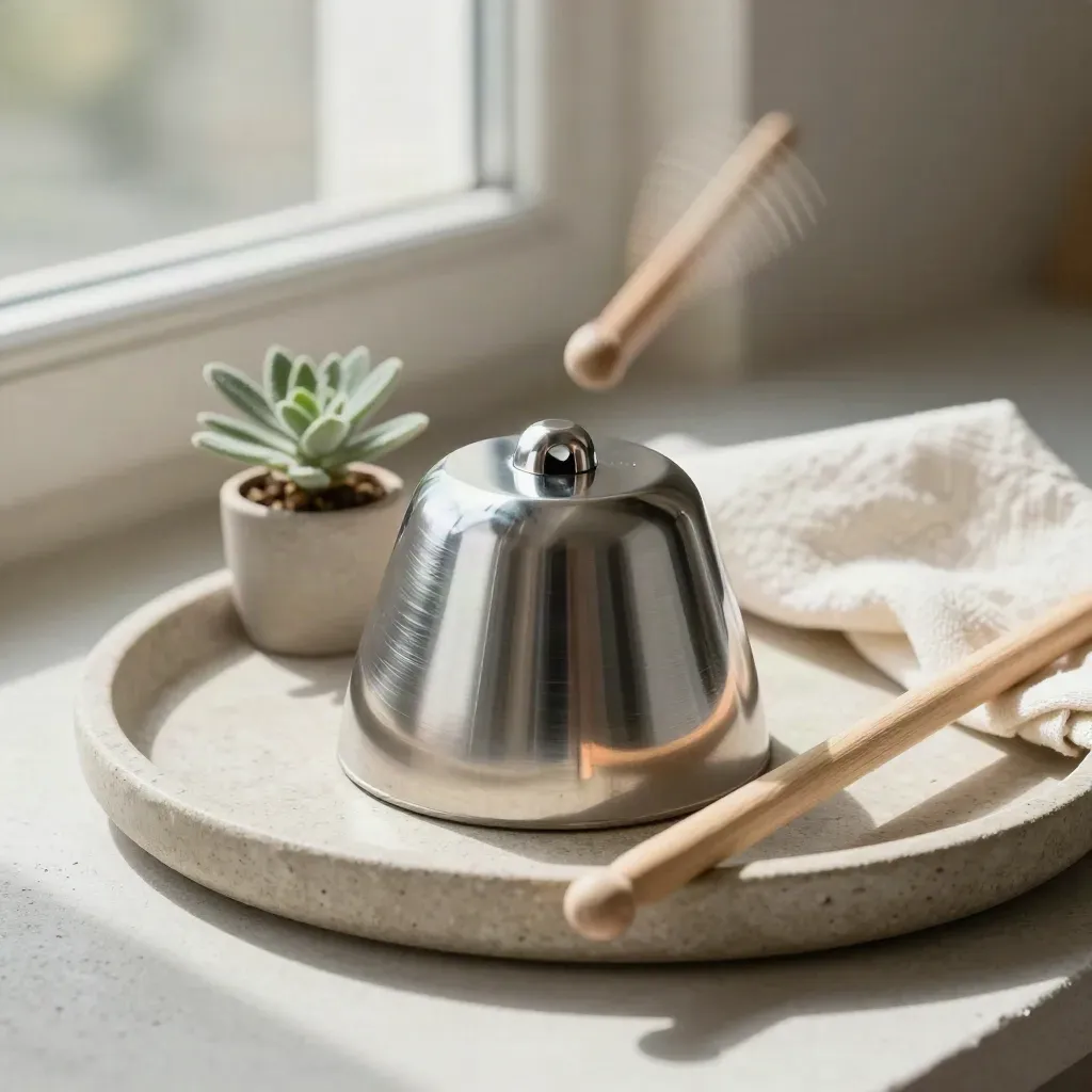 Chrome cowbell, drumsticks, plant and cream cloth on a stone tray in soft daylight.