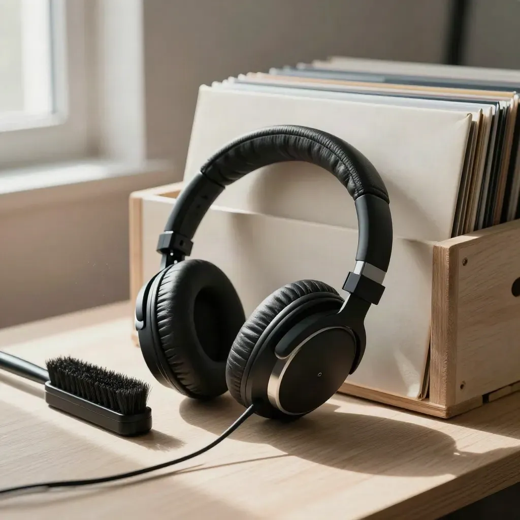 DJ headphones, record brush, and sleeves on a pale wood crate in warm window light