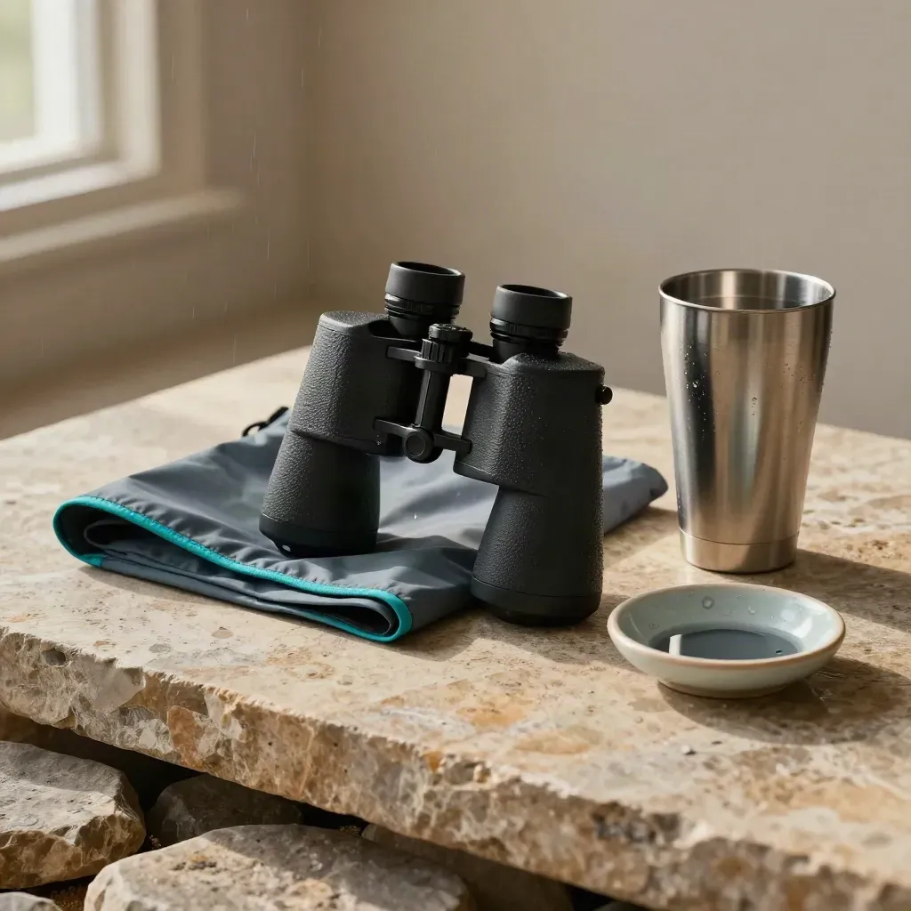 Top-down flatlay of damp festival binoculars, rain poncho, cup and dish on stone.