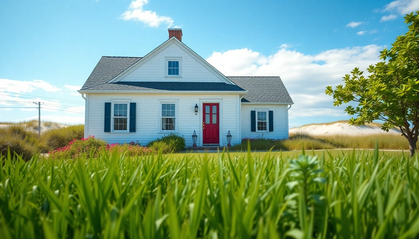 Beautiful cape cod home surrounded by scenic coastal landscape and colorful gardens.
