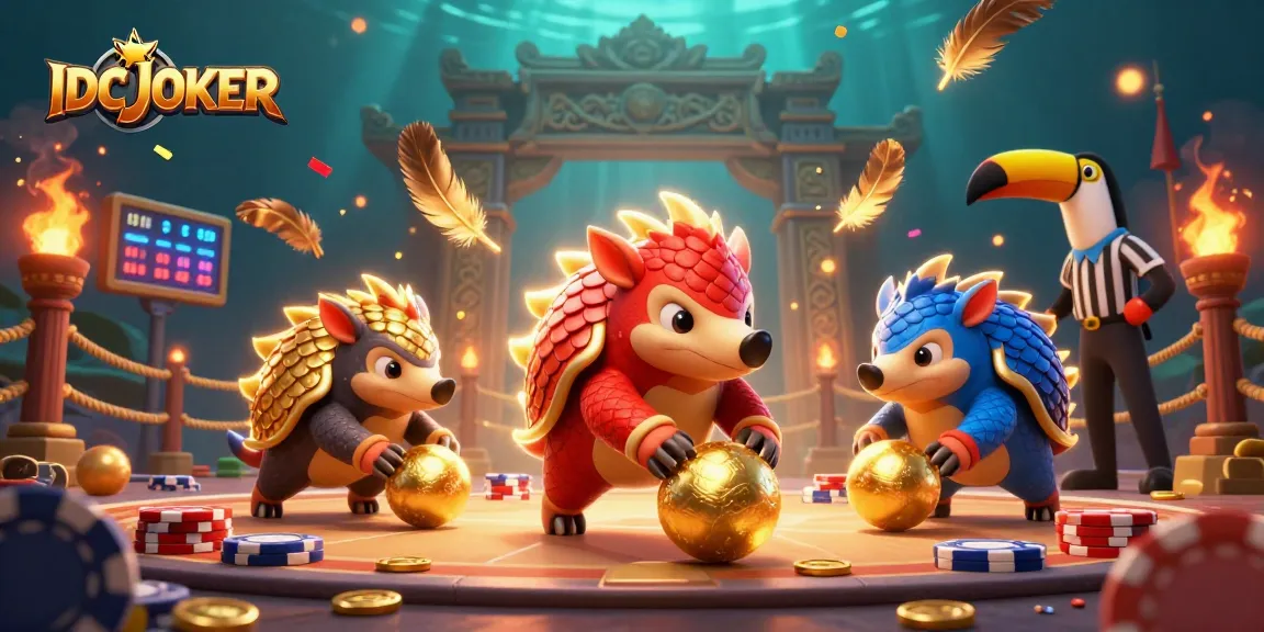 IDCJOKER brings thrilling gameplay to life with vibrant pangolins bowling through poker chips in this dynamic scene.