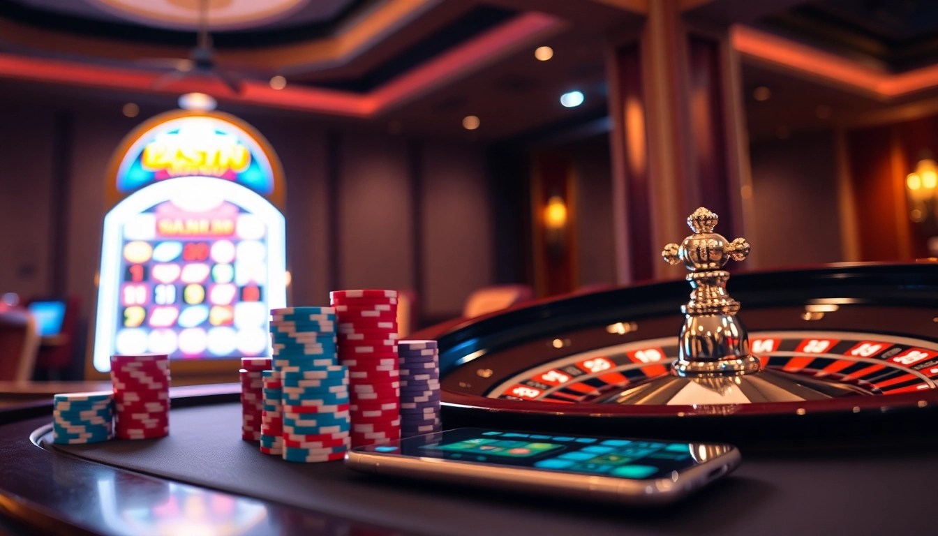 Experience 상품권소액결제 at a vibrant casino with roulette and glowing slot machines.